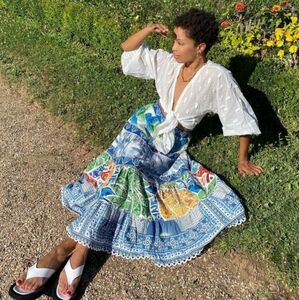 NWT Farm Rio Blue Tile Midi Skirt - L